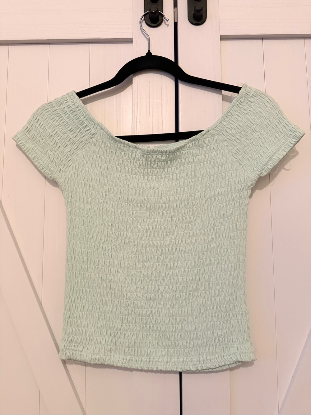 American Rag Mint Green Smocked Off-Shoulder Crop Top